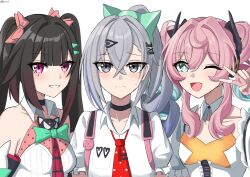  3girls :o ;o absurdres angels_of_delusion aqua_eyes aqua_hair aria_(zenless_zone_zero) aria_(zenless_zone_zero)_(cosplay) black_choker black_hair bow breasts choker collared_shirt commentary cosplay drill_hair english_commentary fingerless_gloves gloves grey_hair hair_bow highres honkai:_star_rail honkai_(series) hyacine_(honkai:_star_rail) long_hair looking_at_viewer mihoyo multicolored_hair multiple_girls multiple_hair_bows nangong_yu nangong_yu_(cosplay) one_eye_closed pink_gloves pinstripe_bow rafxeed shirt silver_wolf_(honkai:_star_rail) simple_background small_breasts smile sparkle_(honkai:_star_rail) sunna_(zenless_zone_zero) sunna_(zenless_zone_zero)_(cosplay) twintails two-tone_hair v very_long_hair violet_eyes white_background white_shirt zenless_zone_zero 
