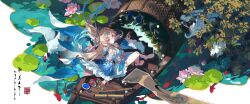  1girl absurdres android bare_shoulders blonde_hair blue_dress blue_hair boat closed_mouth detached_sleeves dress flower forehead_jewel from_above full_body highres holding holding_paintbrush honkai:_star_rail honkai_(series) ji_youjin joints knee_up lily_pad long_hair long_sleeves looking_at_viewer looking_up lotus multicolored_hair on_boat outdoors paintbrush pearl_(honkai:_star_rail) robot_girl robot_joints sitting smile solo very_long_hair violet_eyes watercraft white_dress wide_sleeves 