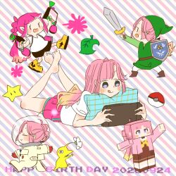  1girl :q animal_crossing anyoji_hime anyoji_hime_(summer_loungewear) barefoot blonde_hair blue_eyes closed_mouth commentary cosplay dated diagonal-striped_background dual_wielding gradient_hair green_hat green_tunic handheld_game_console happy_birthday hasu_no_sora_school_uniform hat holding holding_handheld_game_console holding_shield holding_sword holding_weapon inkling kase_(ks_lys) link link_(cosplay) long_hair love_live! love_live!_hasu_no_sora_jogakuin_school_idol_club lying minecraft minecraft_(style) multi-tied_hair multicolored_hair multiple_views nintendo_switch_2 olimar olimar_(cosplay) on_stomach pikmin_(creature) pikmin_(series) pink_background pink_hair pink_shorts pixel_text playing_games playing_video_games poke_ball poke_ball_(basic) pokemon ponytail purple_background school_uniform shield shirt shoes short_shorts short_sleeves shorts smile spacesuit splat_dualies_(splatoon) splatoon_(series) splatoonification striped_background super_mario_bros. super_star_(mario) sword t-shirt the_legend_of_zelda the_pose tongue tongue_out tunic two-tone_background untranslatable_commentary very_long_hair virtual_youtuber weapon white_shirt winter_uniform yellow_pikmin yellow_shoes |_| 