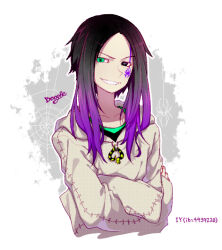  1boy androgynous black_hair bug character_name commentary_request crossed_arms facepaint gender_request gradient_hair green_eyes grin kiri_futoshi long_hair looking_at_viewer multicolored_hair oogie_boogie parted_lips purple_hair silk smile solo spider spider_web teeth the_nightmare_before_christmas two-tone_hair 