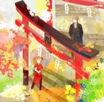  1boy 1girl brown_hair bun_cover chinese_clothes double_bun gintama kagura_(gintama) nineo okita_sougo pink_hair short_hair torii umbrella 