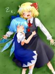  2girls ^_^ blonde_hair blouse blue_hair cirno closed_eyes dress drooling fang grass hair_ribbon lying multiple_girls namino. on_back on_grass ribbon rumia skirt sleeping smile touhou vest wings zzz 