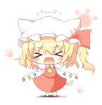  &gt;_&lt; 1girl animal_ears blonde_hair cat_ears cat_tail check_translation chibi closed_eyes fang flandre_scarlet gaius_(nikoniko2) hat hat_ribbon hat_with_ears open_mouth outstretched_arms paw_print ribbon shirt side_ponytail skirt skirt_set solo tail touhou translated vest wings 