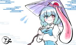  1girl aqua_hair aqua_vest blue_eyes closed_mouth commentary_request egasumi heterochromia highres holding holding_umbrella long_sleeves one-hour_drawing_challenge purple_umbrella red_eyes scavia10 shirt short_hair signature smile solo tatara_kogasa tongue touhou umbrella upper_body vest white_shirt 