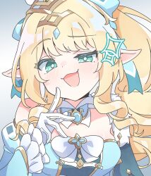  1girl absurdres blonde_hair blue_bow blue_gem blunt_bangs blush bow commentary_request detached_sleeves dot_nose drill_hair finger_to_cheek frilled_sleeves frills fur_trim gem genshin_impact gloves green_eyes hair_bow hair_ornament highres juliet_sleeves long_hair long_sleeves looking_at_viewer nuzuminn open_mouth pale_skin ponytail puffy_sleeves single_bare_shoulder sparkle upper_body vesna_(genshin_impact) white_background white_gloves 