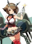  1girl ammunition bare_shoulders blush breasts brown_eyes brown_hair cannon gloves headgear kantai_collection kurono_tokage midriff mutsu_(kantai_collection) personification red_legwear short_hair skirt solo thigh-highs turret white_gloves 