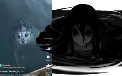  1girl animal black_eyes black_hair commentary english_commentary hair_between_eyes highres long_hair looking_at_viewer original personification photo_inset pyampom reference_inset seal_(animal) solo water 