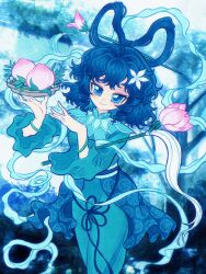  1girl blue_dress blue_eyes blue_sash blue_skirt blue_theme bracelet chinese_commentary commentary_request dress feixianji_(hairstyle) floral_print floral_print_skirt flower fly_whisk food fruit hagoromo hair_flower hair_ornament hair_rings highres jewelry kaku_seiga lotus mandarin_collar peach peng_lai_gou_qi_zi plate print_skirt sash shawl skirt touhou yunjian 
