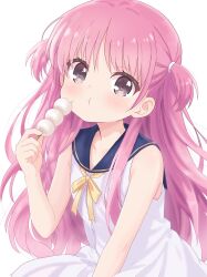 1girl :t black_eyes blue_sailor_collar blush child closed_mouth commentary_request dango dress eating food highres holding holding_food katou_umi long_hair looking_at_viewer pink_hair sailor_collar sailor_dress simple_background sitting sleeveless sleeveless_dress solo summer_pockets two_side_up umyuimui03 white_background white_dress