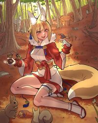  1girl acorn animal_ear_fluff animal_ears bird bird_on_hand blonde_hair blush breasts deer dekura fire_emblem fire_emblem_fates forest fox_ears fox_girl fox_tail fur-trimmed_jacket fur-trimmed_kimono fur_trim gloves highres horse jacket japanese_clothes kimono kitsune medium_breasts multicolored_hair nature open_mouth outdoors selkie_(fire_emblem) short_hair smile solo squirrel streaked_hair tail teeth tree two-tone_hair upper_teeth_only yellow_eyes 