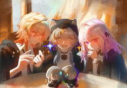  +_+ 1boy 2girls absurdres black_coat blonde_hair blue_eyes caelus_(honkai:_star_rail) castorice_(honkai:_star_rail) character_doll chinese_commentary cipher_(honkai:_star_rail) coat commentary_request doll grey_hair highres holding holding_wand honkai:_star_rail honkai_(series) jibenwuhaideshijiejintou long_hair multiple_girls mydei_(honkai:_star_rail) pointy_ears purple_hair shirt short_hair short_hair_with_long_locks stelle_(honkai:_star_rail) sweatdrop trailblazer_(honkai:_star_rail) violet_eyes wand white_shirt 