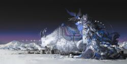  1boy 1girl absurdres animal animal_ear_fluff animal_ears arknights black_dress blue_cloak blue_shawl braid chinese_commentary cloak closed_mouth coat commentary_request cow dress gloves goat grey_eyes grey_hair hair_between_eyes highres holding holding_animal jewelry kelezi long_hair long_sleeves mountainous_horizon necklace night outdoors pramanix_(arknights) pramanix_the_prerita_(arknights) profile shawl silverash_(arknights) silverash_the_reignfrost_(arknights) sitting sky snow snow_leopard_boy snow_leopard_ears snow_leopard_girl snow_leopard_tail snowman standing tail tenzin_(arknights) tiara twin_braids very_long_hair white_coat white_gloves wide_shot winter 