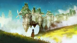  1other ambiguous_gender blue_sky commentary day english_commentary fantasy grass highres original outdoors scenery sky somei_yoshinori standing 