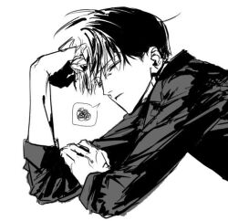  1boy cccoorou closed_eyes commentary_request greyscale hand_on_own_arm hand_on_own_forehead kim_dokja korean_commentary long_sleeves male_focus monochrome omniscient_reader's_viewpoint short_hair sleeves_rolled_up solo spoken_squiggle squiggle upper_body 