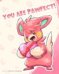  :d alternate_color artist_name bow box commentary dot_nose english_commentary english_text full_body heart-shaped_box highres holding holding_box kelvin-trainerk no_humans open_mouth pawmot pink_theme poke_ball_symbol pokemon pokemon_(creature) pokemon_focus pun red_bow shiny_pokemon smile standing valentine 