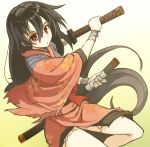  1girl bandages black_hair gradient gradient_background hair_between_eyes ichi_hachi_rei_rei japanese_clothes katana kimono long_hair red_eyes solo sword torn_clothes unsheathed very_long_hair weapon 