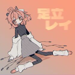  1girl a.i._voice adachi_rei ahoge black_pantyhose black_shirt character_name closed_mouth commentary full_body grey_skirt heart heart_ahoge highres jacket jacket_partially_removed leg_warmers long_sleeves medium_hair okashira_moppu orange_background orange_eyes orange_hair orange_shoes pantyhose shirt shoes sitting skirt solo untranslatable_commentary utau white_jacket white_leg_warmers 
