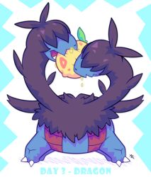  alixcitement black_fur blue_background blue_fur claws covered_eyes eating english_text multiple_heads no_humans pokemon pokemon_(creature) solo two-tone_background two-tone_fur white_background zweilous 
