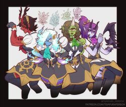  4girls antlers blue_skin chaos_(warhammer) colored_skin crab_claw demon_horns dress fiery_hair green_skin highres horns multiple_girls one-eyed red_skin single_horn tagme tempura_person warhammer_40k 