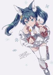  1girl animal_ears bad_id bad_tumblr_id cat_ears cat_girl character_request copyright_request egg food_in_mouth frills full_body green_eyes hair_ornament highres ikapnmn2 long_hair looking_at_viewer mole mole_under_eye simple_background solo thigh-highs twintails white_background white_thighhighs 