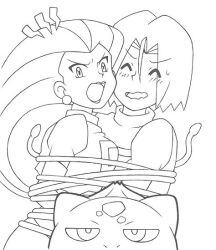  angry blush bound bound_arms bulbasaur closed_eyes couple greyscale james_(pokemon) jessie_(pokemon) looking_at_viewer monochrome pokemon pokemon_(anime) pokemon_(classic_anime) pokemon_the_series:_diamond_and_pearl rn_(nyasuke) team_rocket white_background worried 