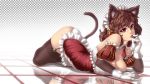  1girl animal_ears breasts brown_hair cat_ears cat_tail cherry cleavage detached_sleeves eating food fruit game00985 garter_straps gloves large_breasts maid_headdress necktie original panties puffy_sleeves red_eyes reflection solo tail thighhighs underwear 