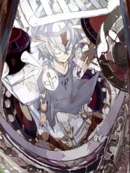  arm_tattoo bed bedman bishounen closed_eyes collarbone commentary_request guilty_gear guilty_gear_xrd highres hospital_gown leg_tattoo long_eyelashes purple_hair restrained round_eyewear sleeping suraba tattoo 
