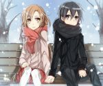  1boy 1girl asuna_(sao) bench black_eyes black_hair couple holding_hands jianmo_sl kirito pantyhose scarf short_hair sitting snow sword_art_online winter yuuki_asuna 