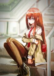  1girl absurdres black_pantyhose brown_hair brown_jacket commentary hair_between_eyes hand_on_own_elbow highres jacket long_hair makise_kurisu necktie pantyhose red_necktie science_adventure shirt soulve steins;gate thighs violet_eyes white_shirt 