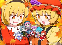  6+girls aki_minoriko aki_sandwich_(meme) aki_shizuha apron autumn_leaves belt black_hairband black_ribbon black_shirt black_skirt blonde_hair blue_eyes blue_hair blue_hat blue_skirt blue_vest bow bowtie capelet cuffs dress frilled_skirt frills ghost_tail grape_hat_ornament green_eyes hair_ornament hair_tubes hairband handcuffs hat highres himemushi_momoyo holding holding_sword holding_weapon jiangshi leaf leaf_hair_ornament letty_whiterock long_hair long_sleeves maple_leaf medium_hair meme mini_person minigirl miyadeguchi_mizuchi miyako_yoshika miyo_(user_xstn5827) mob_cap multiple_girls neck_ribbon ofuda okazaki_yumemi okunoda_miyoi open_mouth orange_apron orange_eyes outstretched_arms pink_belt pink_eyes pink_hair ponytail prison_clothes red_bow red_bowtie red_capelet red_dress red_eyes red_hair red_hat red_shirt red_skirt red_vest ribbon scarf shirt short_hair short_sleeves siblings single_strap sisters skirt smile striped_clothes striped_shirt striped_skirt sword touhou touhou_(pc-98) touhou_22nd_popularity_poll upper_body vest waist_apron watatsuki_no_yorihime watermark weapon whale_hat white_apron white_hat white_scarf white_shirt yellow_shirt zombie_pose 