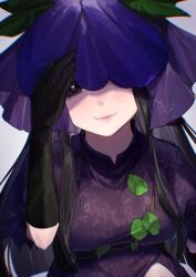  1girl absurdres ao_hoshi arm_up artist_name black_gloves black_hair blush breasts closed_mouth commentary dot_nose dress elbow_gloves flower flower_as_hat flower_on_head food_print fruit_print gloves grape_print head_tilt heart heart-shaped_pupils highres large_breasts lobelia_(flower) long_hair looking_at_viewer one_eye_covered puffy_short_sleeves puffy_sleeves purple_dress purple_flower short_sleeves side_slit signature simple_background solo split_mouth symbol-shaped_pupils touhou upper_body very_long_hair vine_print violet_eyes white_background yomotsu_hisami 