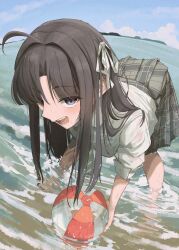  ahoge awa_subaru ball bare_legs bent_over black_hair blue_sky clouds commentary_request day fj5fq88gsv84580 full_body girls_band_cry hair_intakes hair_over_one_eye hair_ribbon highres holding holding_ball long_hair looking_at_viewer ocean open_mouth outdoors parted_bangs plaid_clothes plaid_skirt ribbon see-through_clothes skirt sky wading wet 