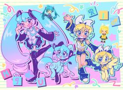  2girls animal animal_with_hair animalization aqua_eyes aqua_hair aqua_nails aqua_necktie aqua_trim belt black_sailor_collar black_sleeves blonde_hair blue_background border bow character_name clothed_animal commentary cutie_mark detached_sleeves english_commentary gradient_hair grey_shirt hair_ornament hairclip hatsune_miku hatsune_miku_(pony) headphones headset highres hooves kagamine_rin leg_warmers long_hair miku_day multicolored_hair multiple_girls my_little_pony my_little_pony:_friendship_is_magic neckerchief necktie nendoroid number_tattoo parallel_hairclips pegasus person_and_animalization photo_inset ponification pony_(animal) purple_hair sailor_collar shirt siblings sleeveless sleeveless_shirt tattoo twins twintails two-tone_hair very_long_hair vocaloid white_border white_bow yanana_ua yellow_belt yellow_neckerchief yellow_trim 