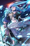  1boy 1girl blue_eyes blue_hair c.seryl chain character_request dress evening_gown formal fur gem holding jewelry long_hair luthica_preventer red_eyes short_hair sword sword_girls twintails weapon 