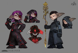  1girl 2boys asura_(guild_wars) colored_sclera curled_fingers director_vloxx english_commentary fantasy full_body grey_background guild_wars_(series) guild_wars_2 hand_on_own_hip highres hivemaster holding holding_staff holding_weapon hood hood_up kuda looking_ahead looking_at_viewer multiple_boys one_eye_covered overseer_kuda pink_hair pink_sclera principal_biomancer_sebb purple_sclera rosewoodroad science_fiction simple_background staff tachi-e upper_body weapon 