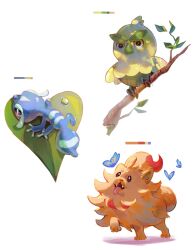  baby_animal beak bird blue_skin branch browt bug butterfly chick color_guide colored_skin fangs feathers gecko gecqua highres leaf lizard no_humans on_leaf orange_fur pigmint_art pokemon pokemon_(creature) pokemon_focus pokemon_winds_and_waves pombon pomeranian_(dog) sitting_on_branch starter_pokemon_trio talons water_drop white_background yellow_feathers 