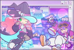  +_+ 1boy 1girl alternate_costume black_boots black_cape black_hat black_skirt black_sleeves blue_cape blue_hat boots building cape commentary_request detached_sleeves drill_hair drill_sidelocks fang galatea_(puyopuyo) goggles goggles_on_head green_eyes grey_pantyhose grey_shirt hand_on_headset hat headset jacket liresil_(puyopuyo) long_hair long_sleeves miniskirt non-humanoid_robot official_style one_eye_closed open_mouth orange-tinted_eyewear orange_eyes pants pantyhose pimyuhuwa pink_hair puffy_sleeves purple_hair purple_jacket puyopuyo puyopuyo_quest robot shirt shoes short_hair sidelocks skirt skyscraper sleeveless sleeveless_shirt sleeves_past_fingers sleeves_past_wrists smile sparkle sun tinted_eyewear twitter_username two-sided_cape two-sided_fabric two-sided_headwear vaporwave white_pants white_shoes winding_key window_(computing) witch_hat 