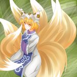  1girl :&lt; absurdres blonde_hair blush breast_rest breasts dress fox_tail green_background hands_in_sleeves hat hat_with_ears highres looking_at_viewer multiple_tails ofuda seiza short_hair sitting solo tabard tail taro_(ahoko) touhou yakumo_ran yellow_eyes 