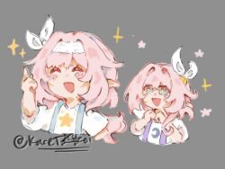 +_+ 2girls aged_down blue_eyes commentary crescent_print cropped_torso cyrene_(honkai:_star_rail) cyrene_(philia093)_(honkai:_star_rail) elf elysia_(honkai_impact) english_commentary grey_background hair_ornament hairband honkai:_star_rail honkai_(series) honkai_impact_3rd index_finger_raised inoue_marina karetokoi long_hair multiple_girls pink_hair pointy_ears shirt smile star_(symbol) star_print suspenders twitter_username voice_actor_connection white_hairband white_shirt yanning 