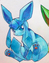  animal_focus between_legs blue_eyes commentary_request glaceon light_blush lowres marker_(medium) no_humans pawpads pokemon pokemon_(creature) pokemon_focus simple_background sitting solo suppainu tail tail_between_legs traditional_media white_background 