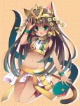  1girl animal_ears bare_shoulders bastet_(p&amp;d) brown_hair cat_ears cat_tail fang gradient_hair green_eyes green_hair headdress heart izumiyuhina long_hair looking_at_viewer mound_of_venus multicolored_hair navel open_mouth puzzle_&amp;_dragons skirt smile solo tail tan 