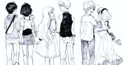  3boys 3girls aldnoah.zero amifumi_inko arm_hug asseylum_vers_allusia bag ballpoint_pen_(medium) casual closed_eyes commentary_request couple crossbody_bag dress embarrassed fanny_pack feet_out_of_frame frilled_skirt frills from_behind greyscale hairband happy hatching_(texture) hetero holding_another's_arm holding_hands kaizuka_inaho klancain lemrina_vers_envers long_dress long_hair looking_at_another monochrome multiple_boys multiple_girls off-shoulder_shirt off_shoulder open_mouth pants pen_(medium) pointing pout shirt short_hair shorts shoulder_bag signature skirt slaine_troyard spot_color tank_top traditional_media usako1059 vest waistcoat walking 