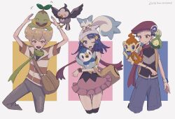  1girl 2boys :d anniversary bag barry_(pokemon) beak beanie bird black_shirt blonde_hair blue_hair blue_pants bracelet budew chimchar closed_mouth commentary enekonoshippo27 fiery_tail fire floating_scarf green_scarf grey_eyes grey_pants hair_ornament hairclip hat highres hikari_(pokemon) holding holding_pokemon jewelry leaf leaf_on_head long_hair lucas_(pokemon) miniskirt monkey multiple_boys on_head on_shoulder one_eye_closed open_mouth orange_eyes pachirisu pants penguin pink_eyes pink_skirt piplup pokemon pokemon_(creature) pokemon_diamond/pearl/platinum pokemon_on_arm pokemon_on_head pokemon_on_shoulder poketch red_hat red_scarf scarf shirt short_hair short_sleeves simple_background skirt sleeveless sleeveless_shirt smile starly striped_clothes striped_shirt tail turtle turtwig watch watch white_hat yellow_bag 
