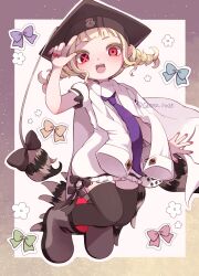  1girl black_bow black_thighhighs blonde_hair blunt_bangs bow braid commentary_request floral_background frilled_skirt frills hat highres magical_girl mahou_shoujo_ikusei_keikaku mahou_shoujo_ikusei_keikaku_aces monoshiri_micchan necktie open_mouth purple_necktie qoo_1025 red_eyes red_nails skirt smile symbol-shaped_pupils thigh-highs twin_braids x-shaped_pupils 