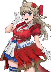  1girl absurdres ahoge alternate_costume blonde_hair blue_eyes blue_garter_straps blue_skirt bow braid capyodeart copyright_request dress dress_shirt elf floating_hair flower flower_ornament frilled_thigh_strap from_side garter_straps gloves hair_bow hair_flower hair_ornament hairclip hand_up highres indie_virtual_youtuber long_hair lyydia_(sunako) necktie open_mouth pointy_ears red_bow red_dress red_flower red_necktie shirt short_necktie side_braids skirt smile thigh_strap tongue virtual_youtuber white_gloves white_shirt 