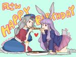  2girls animal_ears feeding food happy_birthday hat heart komaku_juushoku long_hair multiple_girls nurse_cap pizza purple_hair rabbit_ears red_eyes reisen_udongein_inaba silver_hair skirt smile touhou yagokoro_eirin 