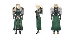  1girl absurdres ahoge armor artoria_pendragon_(fate) artoria_pendragon_(lancer)_(fate) blonde_hair braid breastplate commentary cosplay cross english_commentary fate/grand_order fate_(series) fur_trim gauntlets green_eyes hair_between_eyes highres hyperbudd lion_el'jonson lion_el'jonson_(cosplay) pauldrons power_armor shoulder_armor sidelocks type-moon warhammer_40k 