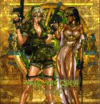  2girls black_hair blonde_hair breasts brown_eyes camouflage crown dark_skin egyptian glasses gun highres jewelry knife large_breasts long_hair looking_at_viewer military military_uniform multiple_girls phara_l._olyn shiny shiny_skin shirou_masamune submachine_gun uniform weapon wild_wet_quest 