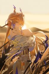  1girl absurdres animal arknights bare_shoulders belt blonde_hair chinese_commentary closed_mouth commentary cowboy_shot day dragon_girl dragon_horns field goat green_eyes hair_between_eyes hair_intakes highres holding holding_animal horns jacket long_hair morning mr_raindrop off_shoulder orange_pupils outdoors pointy_ears purple_hair shu_(arknights) smile solo split_mouth standing sun white_belt white_jacket 