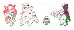  1boy 2girls blastoise brown_hair crescent_halo disembodied_hand donphan english_text frlg.ips glitch halo hat highres hikaredgraves horror_(theme) leaf_(pokemon) long_hair marill multiple_girls pokemon pokemon_firered_and_leafgreen porkpie_hat sailor sailor_(pokemon) shadow shedinja simple_background skirt white_background white_hat 